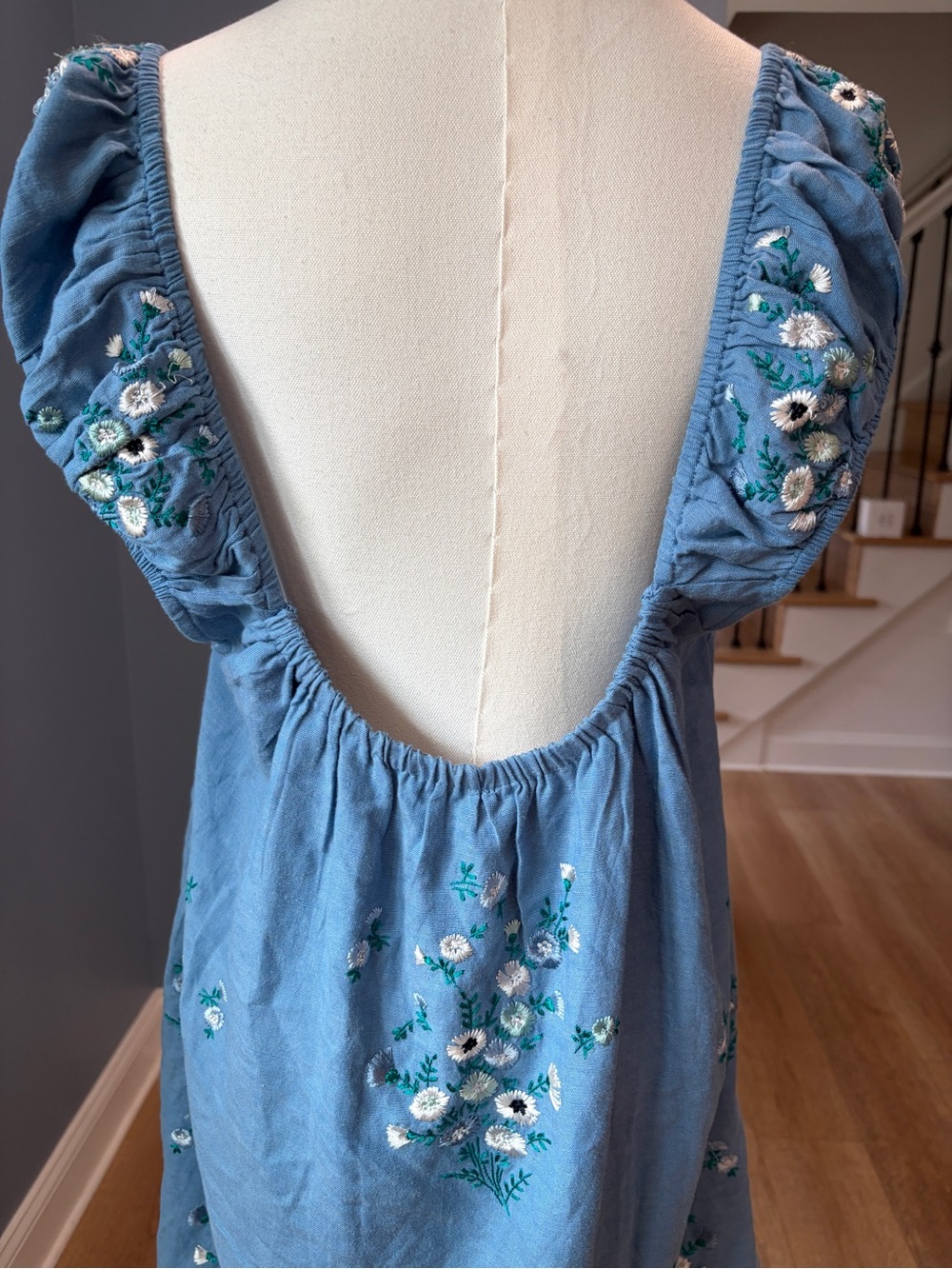 Free People Wildflower Embroidered Mini Dress Copen Blue Linen Blend Medium - Picture 7 of 10